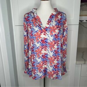 Tucker Women’s Silk Floral Print Long Sleeve V-Neck Blouse Top Red Blue Size L